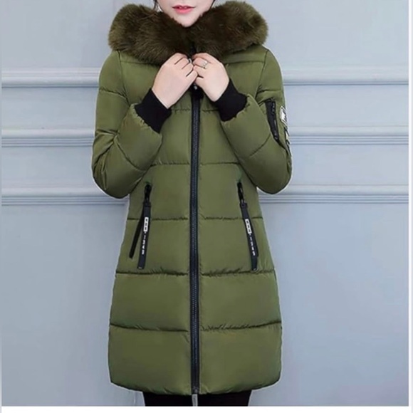 Disney  Fonts Down Jacket With Fur Collar Puffer  Coat Cozy  Jacket  S 3XL Green - Picture 2 of 8